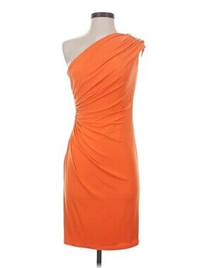 Orange David Meister One Shoulder Coctail Dress With Gold Chain Detail, Size 8